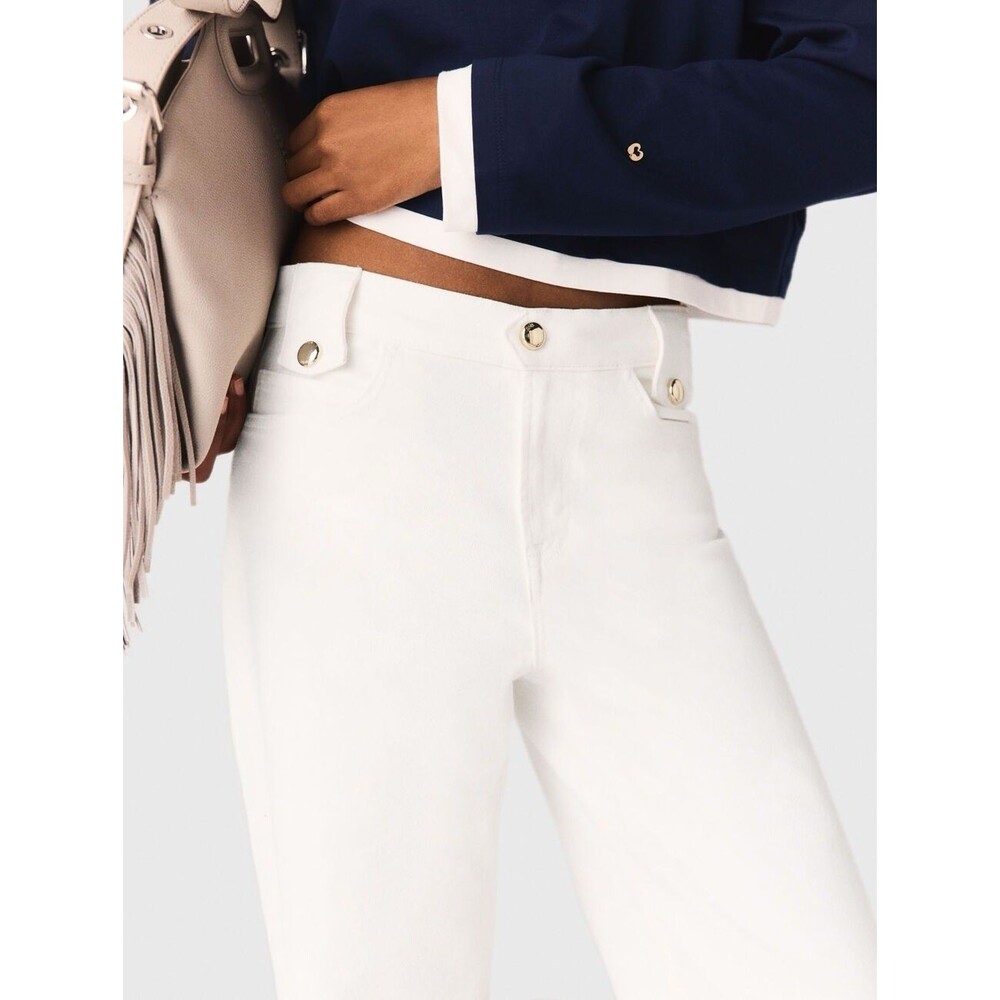 Maje White Denim Flare Jeans Large Gold Accent Buttons Rider Pocket High Waist